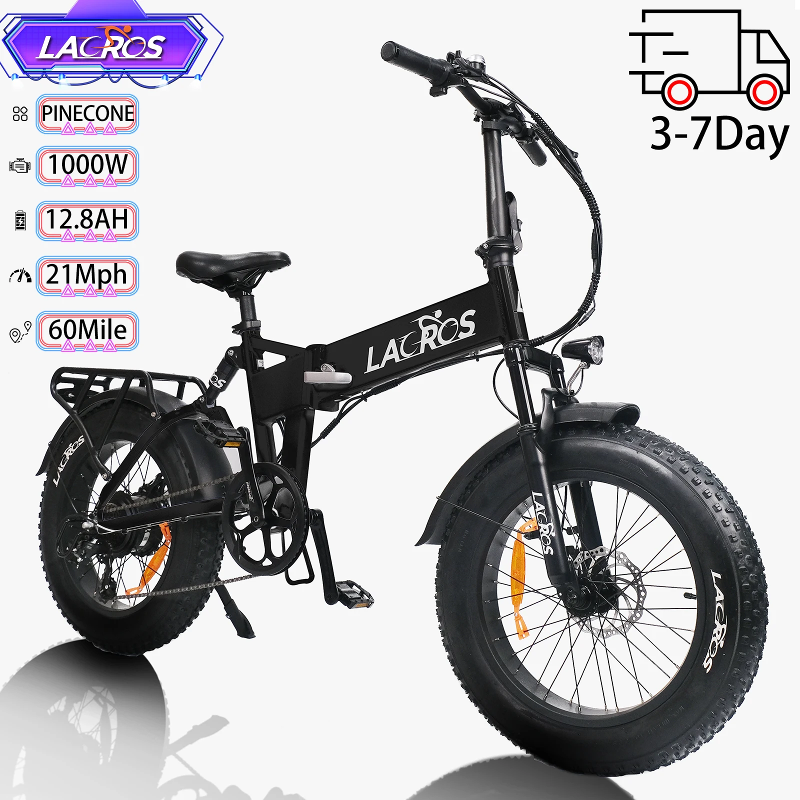 

Складной электрический велосипед для взрослых LACROS PINECONE 20x4,0 дюйма, 1000 Вт, 21 миль, 48 В, 12,8 Ач, 60 миль, 7 скоростей, городской пригородный электрический велосипед