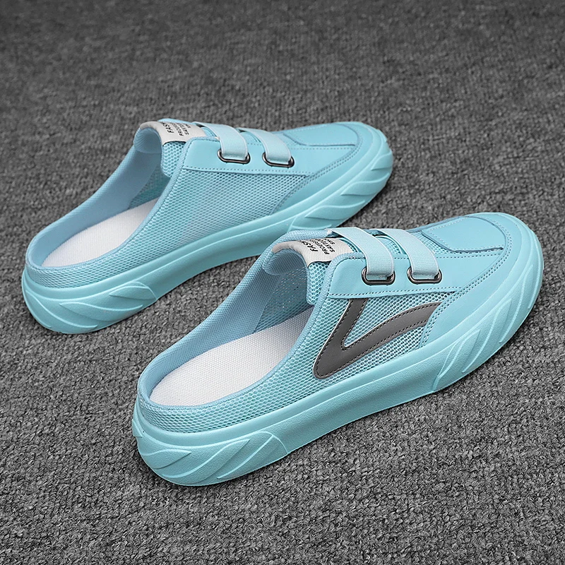 Mesh Half Shoes For Men Mules Flat Board Shoes Summer Ice Blue Backless Loafers Slippers Man Slides Semi-Drag Mens Casual Shoes