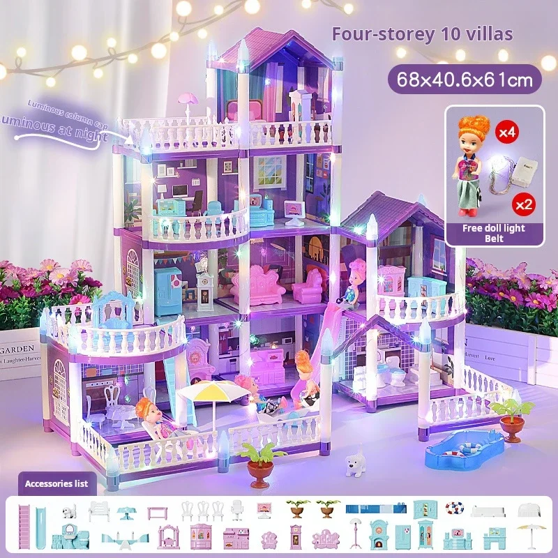 DIY Stackable Princess Villa Dollhouse with Swimming Pool Furniture Slide Pretend Play Toy for Kids Girls