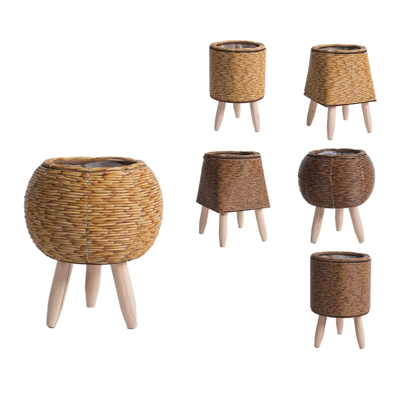 Vintage Imitation Rattan Woven Flower Shelf Planters Handmade Storage Basket With Wooden Legs Plant Pot Stand Holder Durable ,A