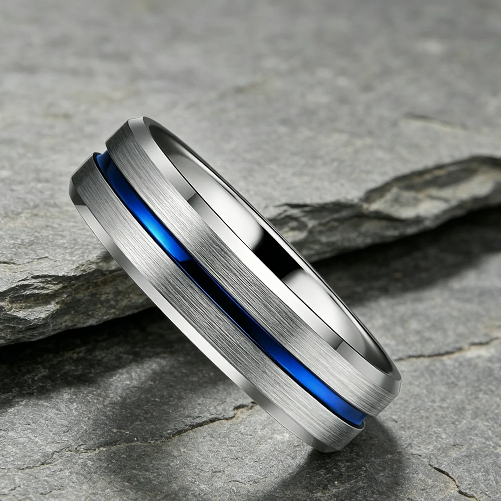 Blauer 4-mm-Ehering aus Wolfram für Männer und Frauen, modische Ringe mit abgeschrägten Kanten, gebürstete Oberfläche, bequeme Passform – Detail 7