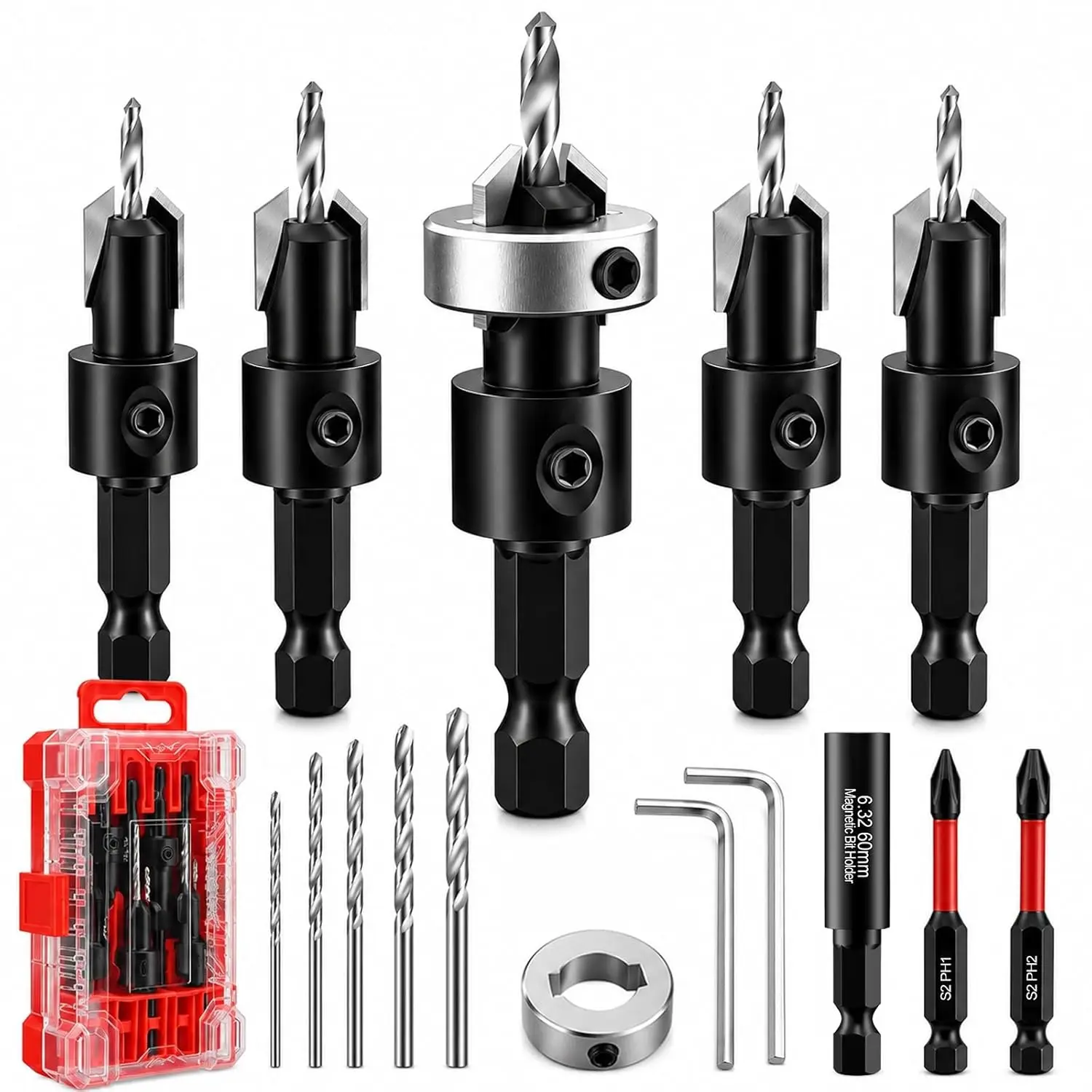 

17PCS Countersink Drill Bit Set with Case, Adjustable Depth Stop, 1/4" Hex Shank, Tungsten Steel, 5 Sizes 2.5-3.5mm, PH1 PH2 Bits & Extension