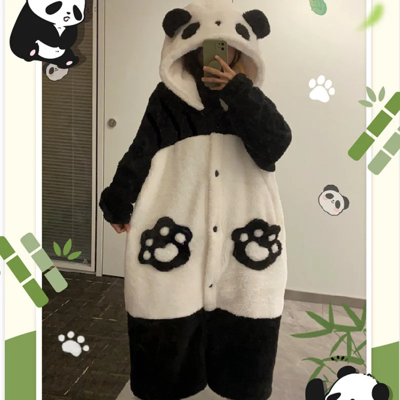 Winter Cartoon Panda Pajama Long Warm Coral Fleece Bathrobe Cute Funny Home Wear Set for Women Men Halloween Christmas Gifts
