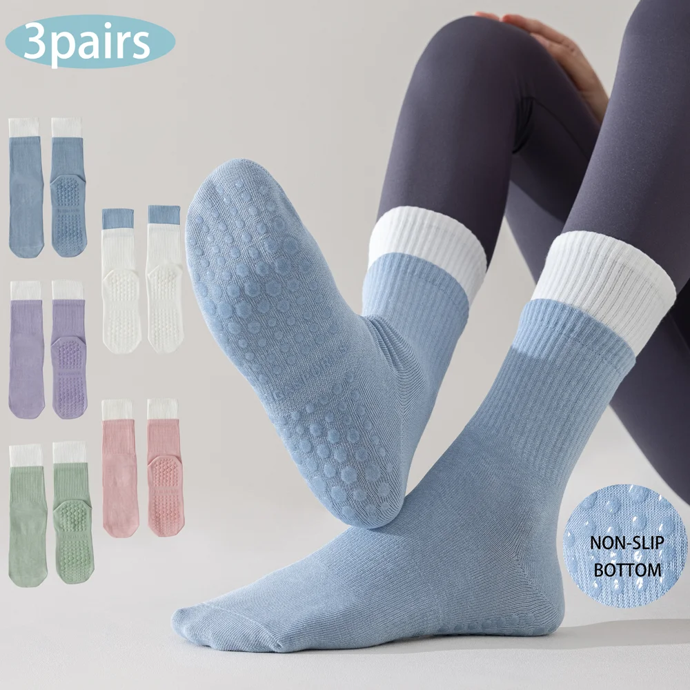 

3 Pairs Hot Yoga Ankle Socks Organic Cotton Moisture-Wicking,Thick Cushioned Mid-Crew Seamless Toe & Arch Support