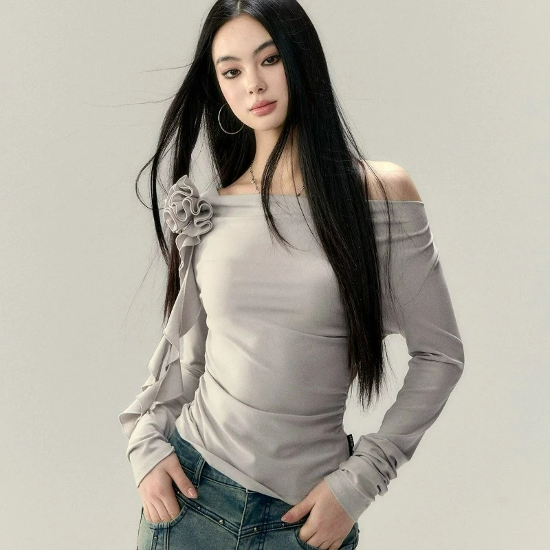 

Весна 2026, новая мода с уникальным дизайном ленты в виде розы, универсальный и утягивающий топ, стильная женская футболка с длинными рукавами