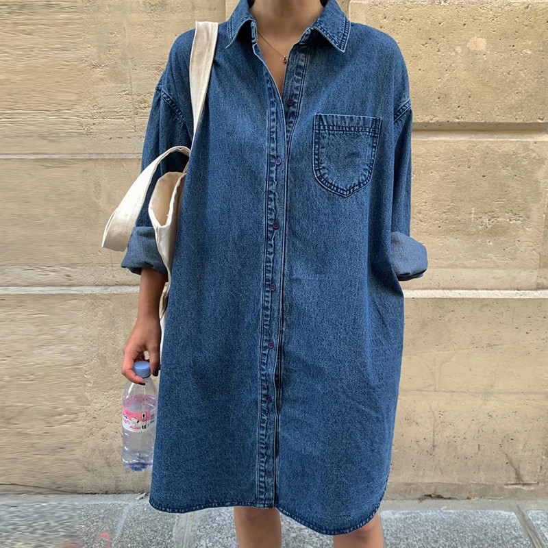 Women Denim Dress Loose Casual Long sleeve Wash Shirt Dresses Spring Autumn French Retro Lapel Solid Single Breasted Jean Dress