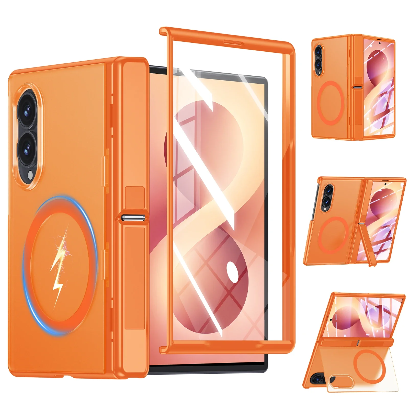 for Samsung Galaxy Fold 8 Case, with Kickstand, Screen Protector, Magnetic, Slim Translucent Matte Shockproof Case-Orange