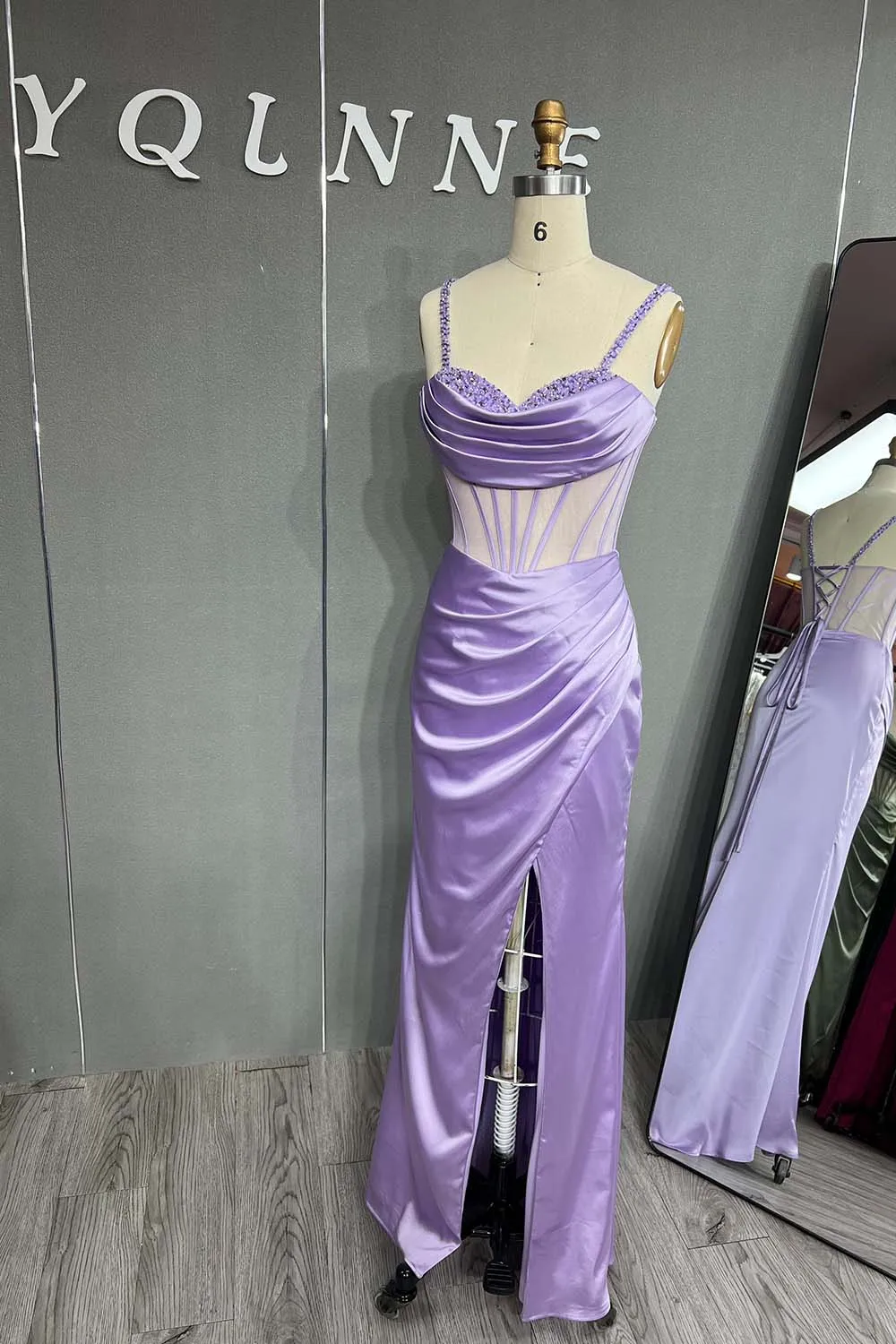 YQLNNE 2023 Lilac Crystals Beaded Long Prom Dresses Straps Silk Satin Lace-up Formal Women Party Gown Vestidos In Stock