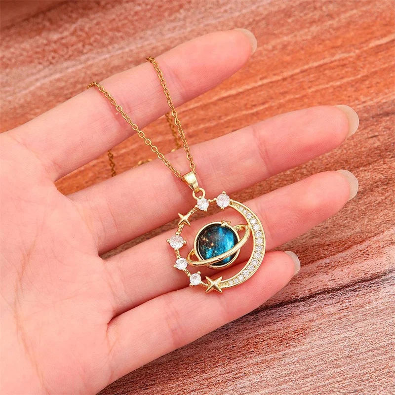 1PC Exquisite Blue Starry Sky Planet Pendant Necklace Light Luxury Zircon Stars And Moon Clavicle Chain Necklace Jewelry Gift  ﻿