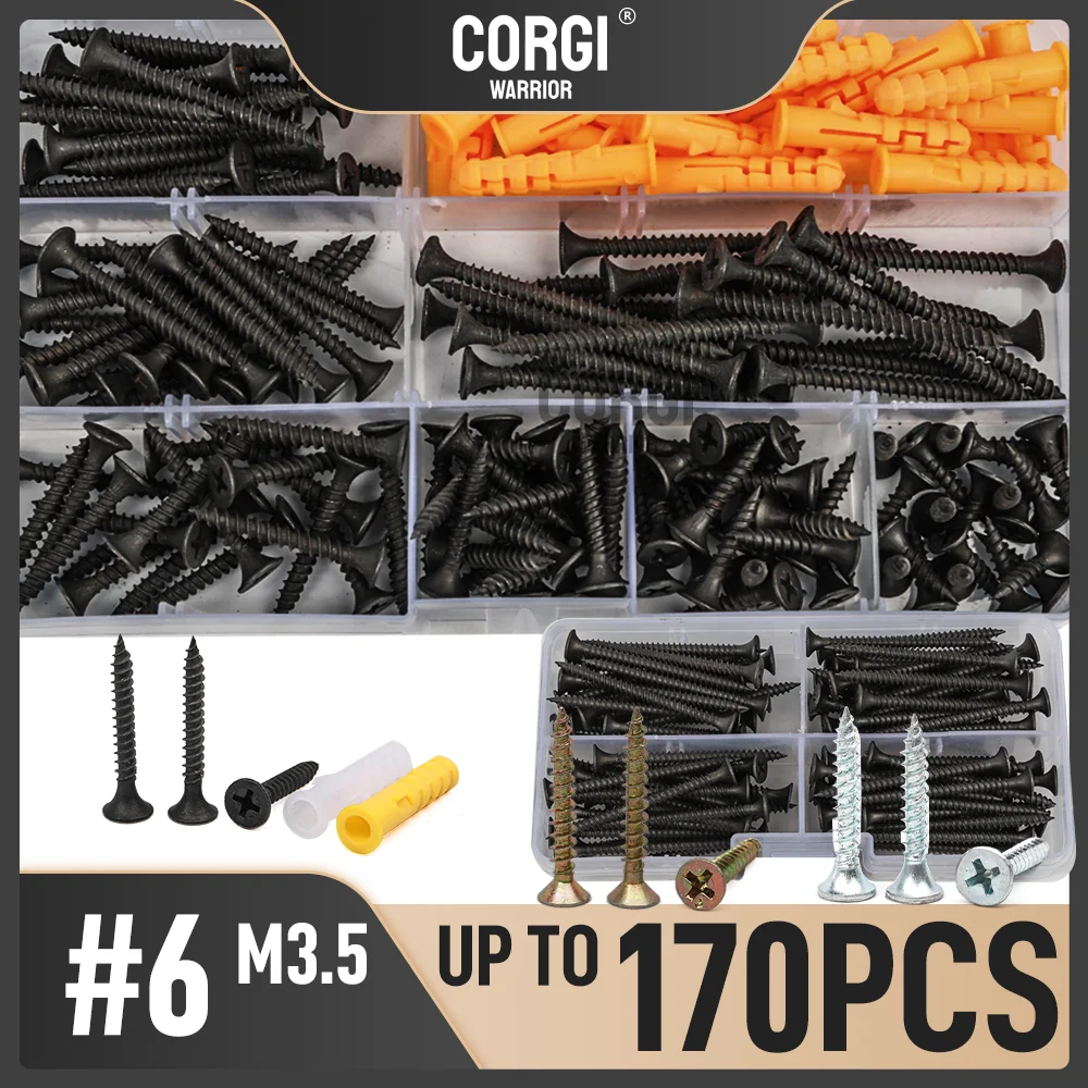 Up to 170 Wood Screws Assortment Kit #6 M3.5 Phillips Tips Flat Head Assorted Screw Carbon Steel Galvanized 304 Stainless Steel