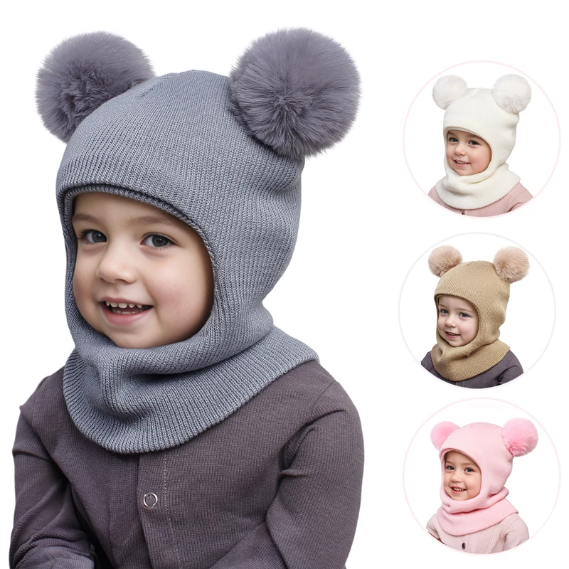 Gorro de invierno con pompón para bebé, bufanda de una pieza, gorro tejido para niños, gorro cálido con orejas y cuello, gorro infantil para niñas y niños de 1 a 5 años