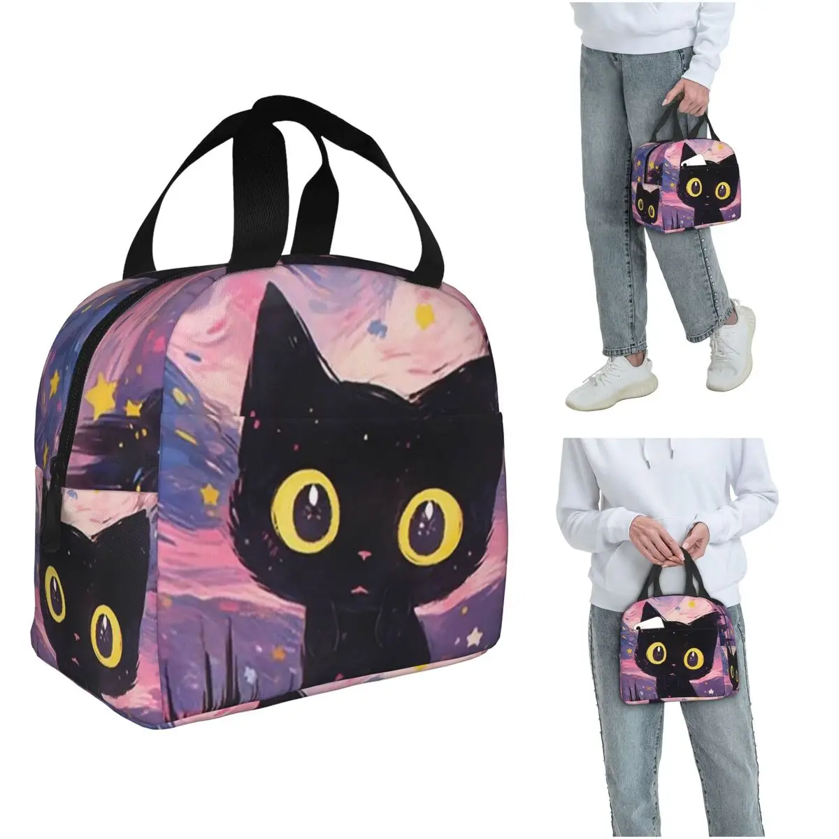 Isolierte Lunchtasche mit Motiv „Night Black Cat On The Clouds“ für Damen und Kinder, tragbare Lebensmittelboxen, Thermo-Lunchbox-Tragetasche