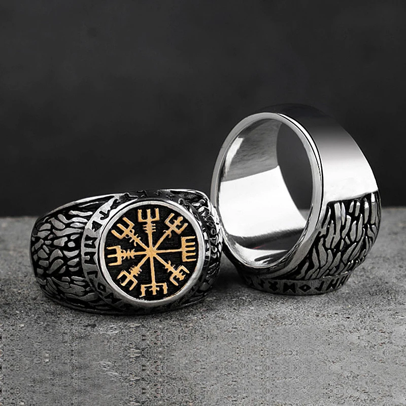 Vintage Nordic Stainless Steel Compass Ring Men's Viking Symbol Aegishjalmur Ring Amulet Rune Jewelry Gift