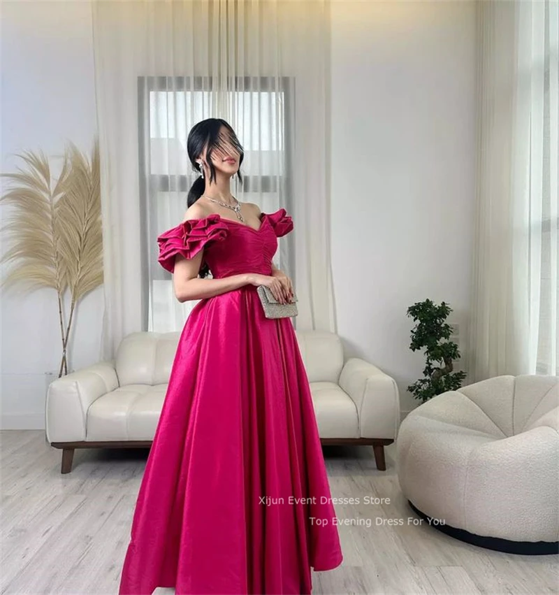 Xijun Fuschia Satin A Line Evening Dresses Cap Sleeves Prom Dresses Saudi Arabic Prom Gowns Floor Length Prom Dresses For Women