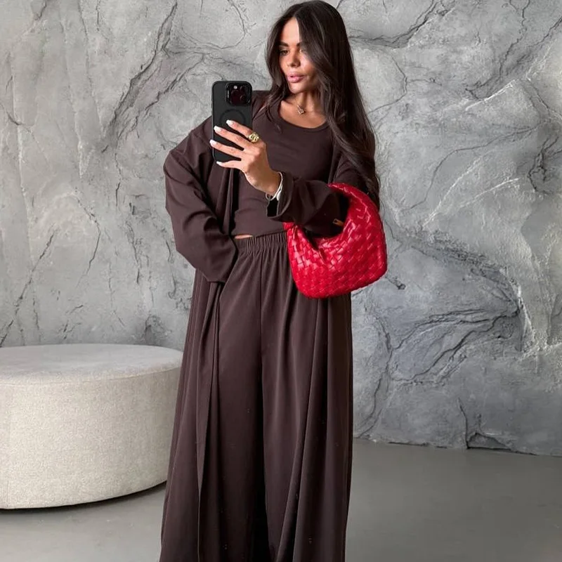 Roupas femininas europeias e americanas 2025 verão nova jaqueta cardigã solta casual, camisola calças de perna larga conjunto de três peças