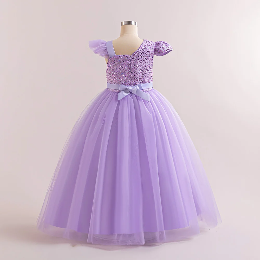 Abito da sera con paillettes per ragazze eleganti abito da ballo fantasia di compleanno con fiocco per bambini adolescenti maniche corte vestiti in Tulle abbigliamento da festa