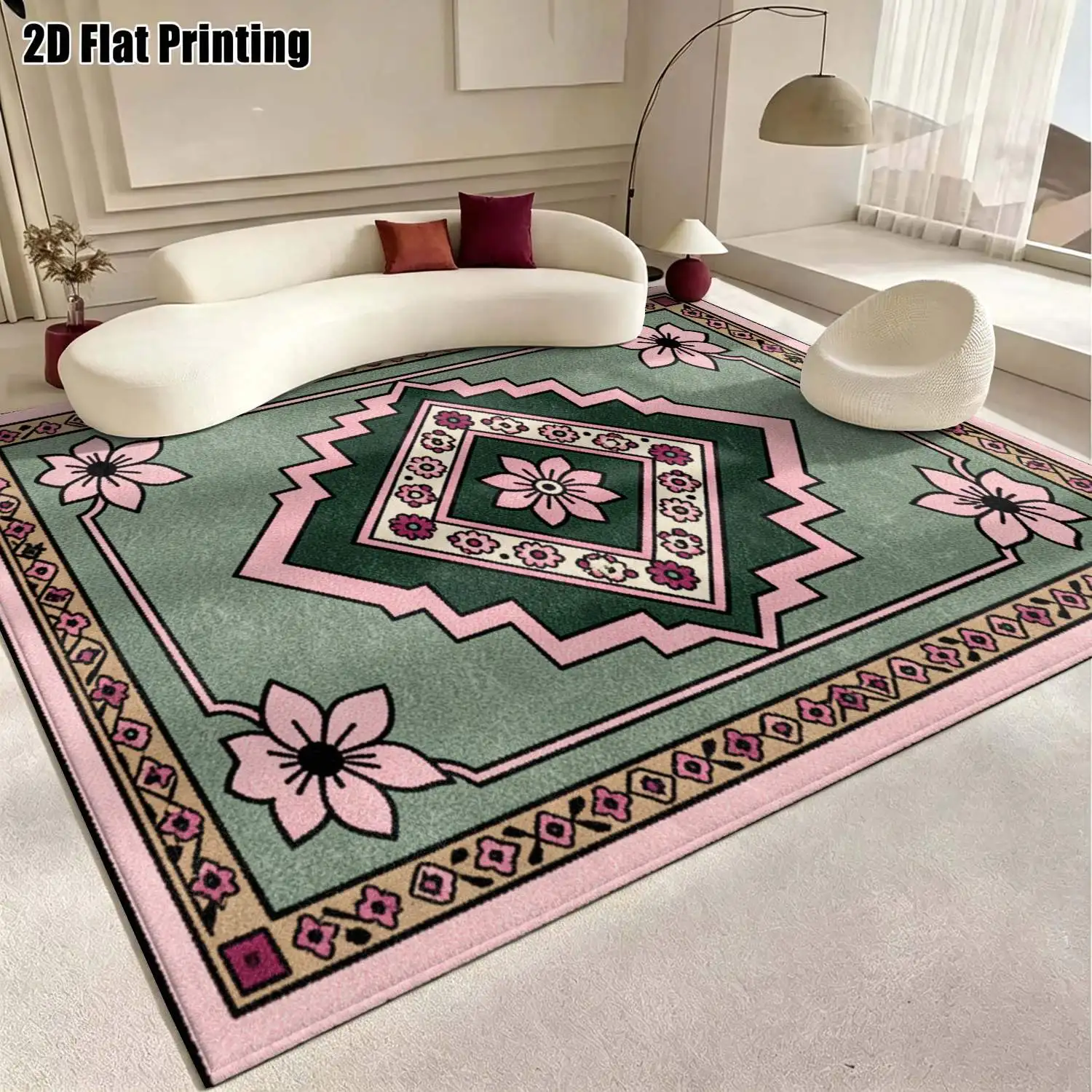 1Pc 2D Printed Carpet: Pink-Green Retro Floral & Geometric Patterns Multi-Scene Use, Multiple Sizes, Machine Washable, Home Decor Choice.