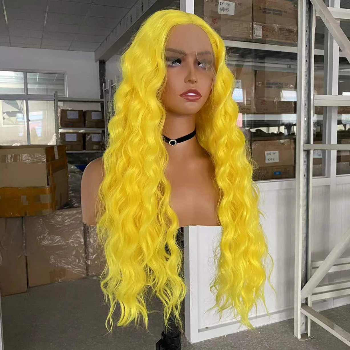 AIMEYA Wig sintetis kuning Lemon renda depan tahan panas Wig panjang tubuh gelombang penggunaan sehari-hari Wig pesta Cosplay