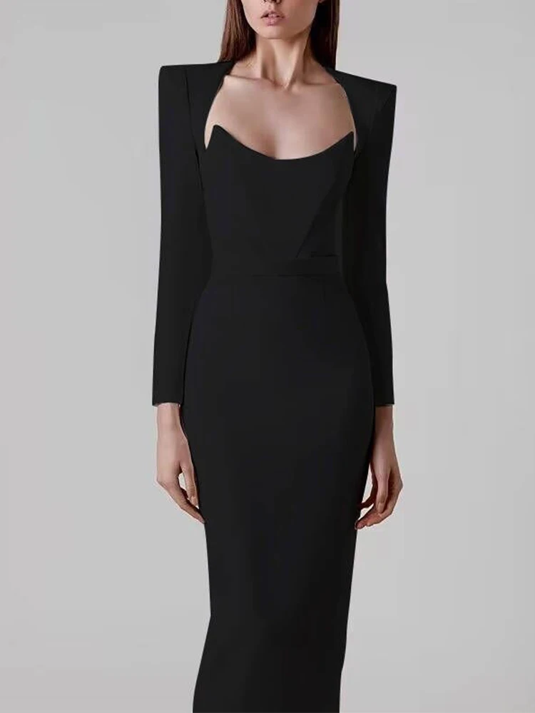 SXTHAENOO Vrouwen Winter Sexy Lange Mouw V-hals Roze Zwart Wit Midi Bandage Jurk 2025, Elegante Avond Club Party Dress