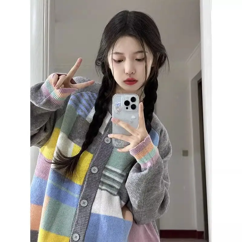 American Fashion Retro Color Checkered Sweater Women's Autumn and Winter New Item Korean Loose Knitted Cardigan Jacket