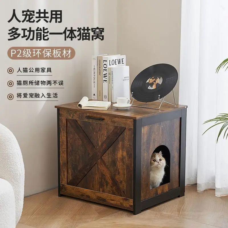 Caja de madera nido para gatos, mesa de centro para mascotas