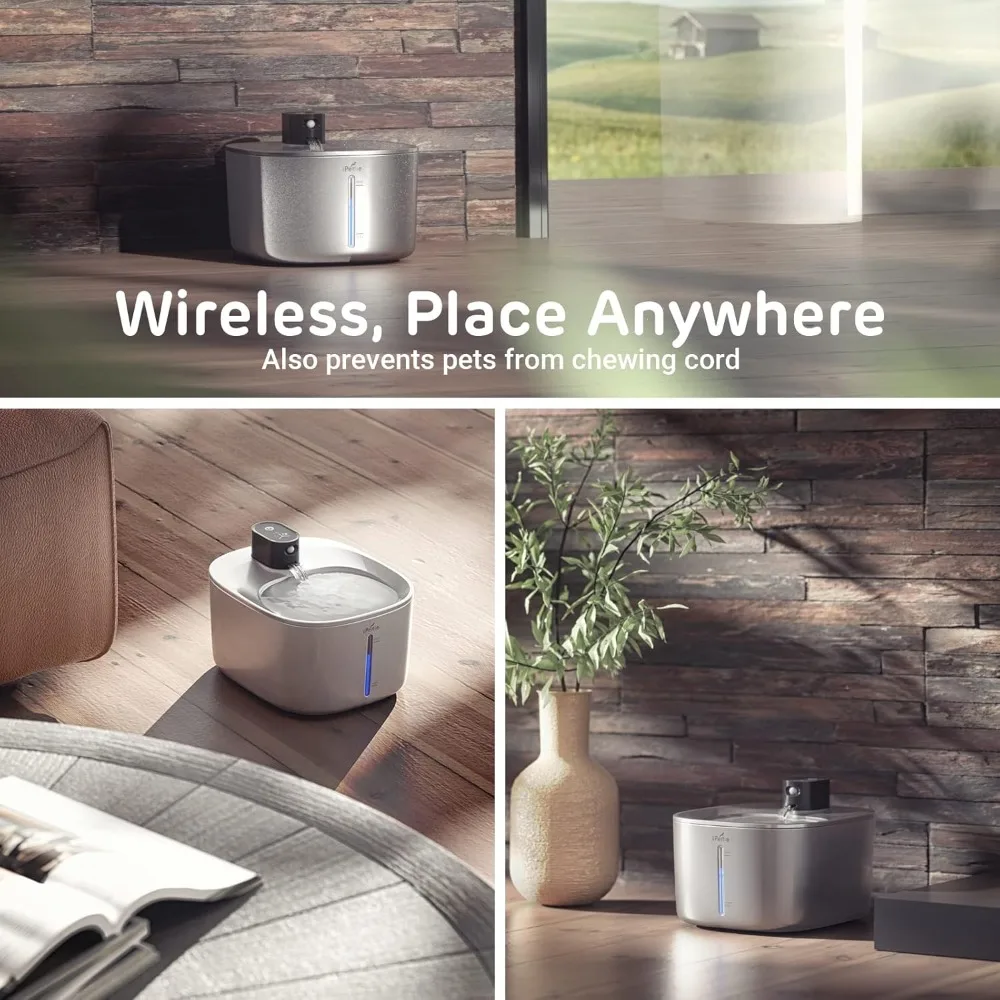 

Беспроводной фонтан для кошек с батареей для подиума, нержавеющая сталь, большая емкость 1,1 галлона/4 л, датчик движения, 5-ступенчатый фильтр для воды