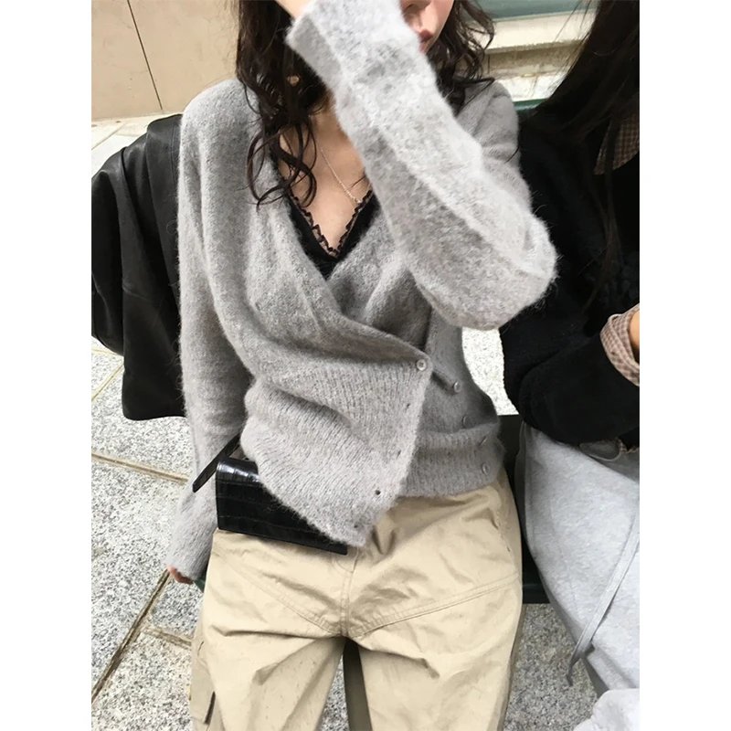 เสื้อไหมพรมแขนยาวทรงครอป คอวี แฟชั่นเกาหลี สไตล์สตรีทแวร์ สำหรับฤดูหนาว