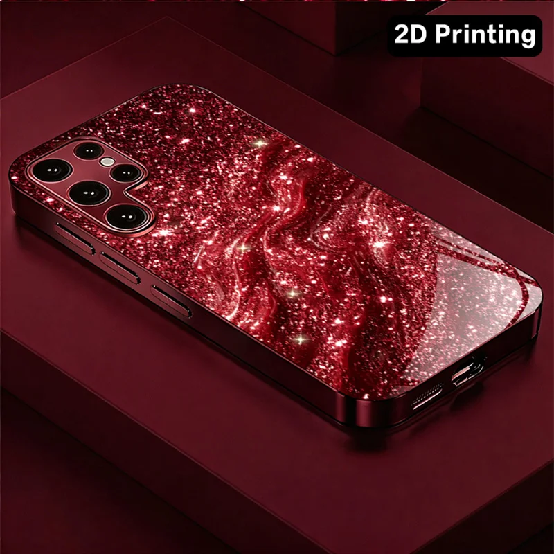 Red shiny sequin background glass phone case suitable for Samsung Galaxy S26 S25 S24 S22 S21 S20 FE/Ultra/Plus anti drop