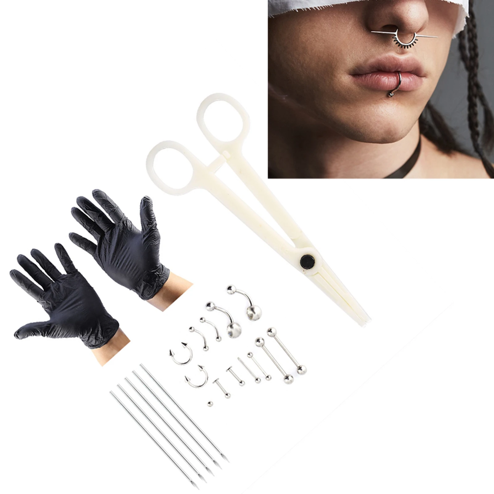 20 teile/satz Zunge Nase Bauchnabel Körper Schmuck Piercing Ringe Clamp Handschuhe Nadeln Tool Kit Körper Piercing Ring Kit – Detail 7