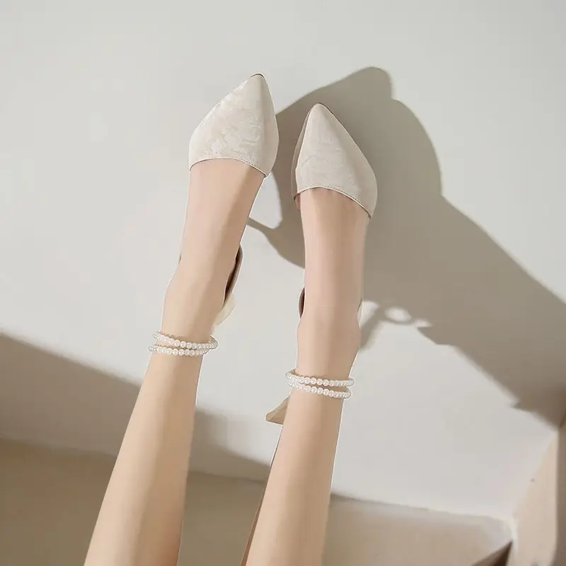 Spring/Summer New Small Fragrant Wind Pointed Pearl Versatile Thin High Heels Hollow Women\'S Single Shoes