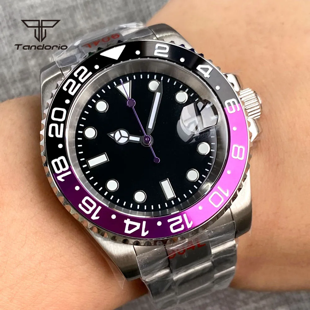 Imagem -02 - Tandorio Nh35a 40 mm Homens Relógio de Mergulho Automático Sapphire Vidro Preto Estéril Dial Roxo segundo Ponteiro Roxo Moldura Giratória Parafuso Coroa