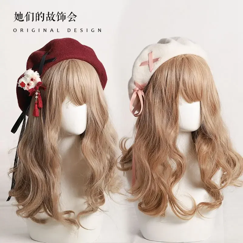 Lovely Beret Lolita Handmade Caps elegant Bow Autumn Winter Warm Berets Wool felt beanies woman's hat