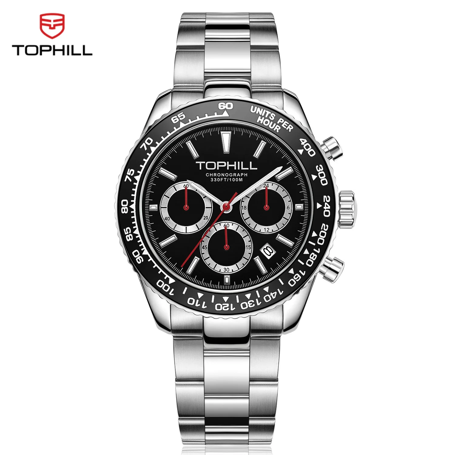 TOPHILL Racing Chronograph Men’s Quartz Watch Panda dial Tachymeter Bezel Sport Wristwatch Stainless Steel 100M Waterproof