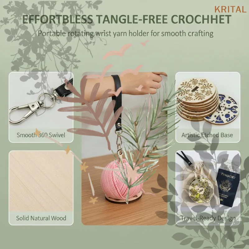 Wooden Portable Yarn Holder Lightweight: Non-Slip Grip Yarn Ball Dispenser Wrist Strap Knitting Crochet