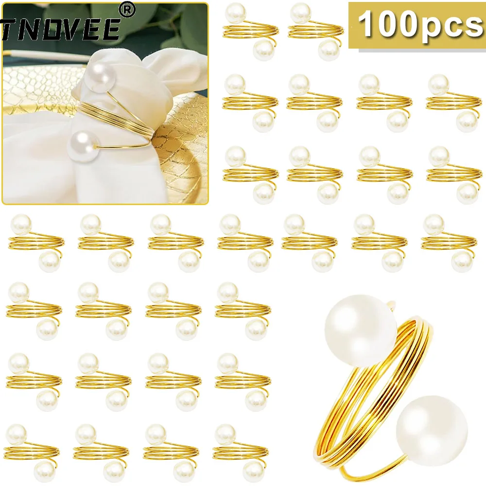 

100Pcs Pearl Napkin Rings Set Round Napkin Holder Gold Serviette Ring for Valentine's Day Wedding Banquet Birthday Table Decor