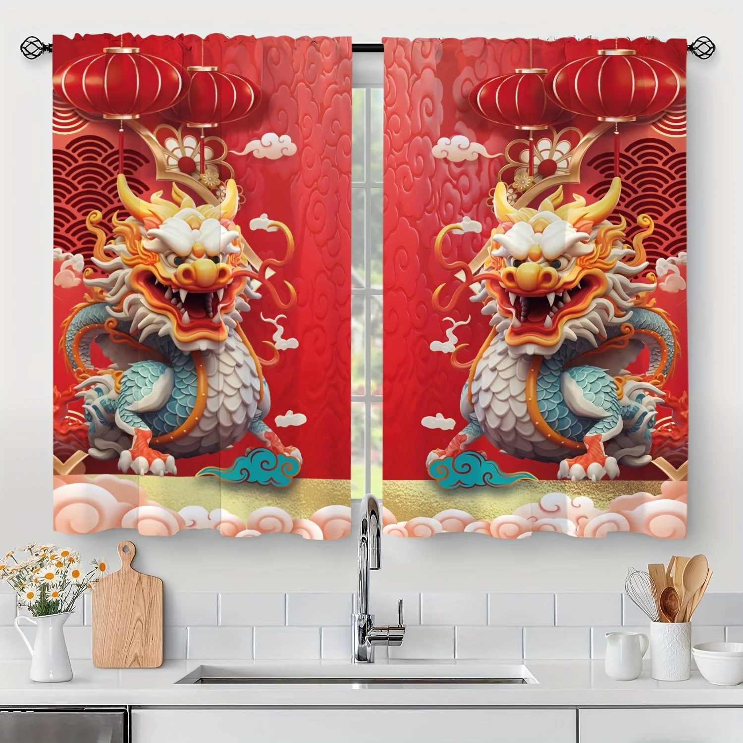 2pcs Year Dragon Festival Curtain Set - Vibrant Spring Design Modern Printed Perfect for Living Room Bedroom Kitchen Home Decor