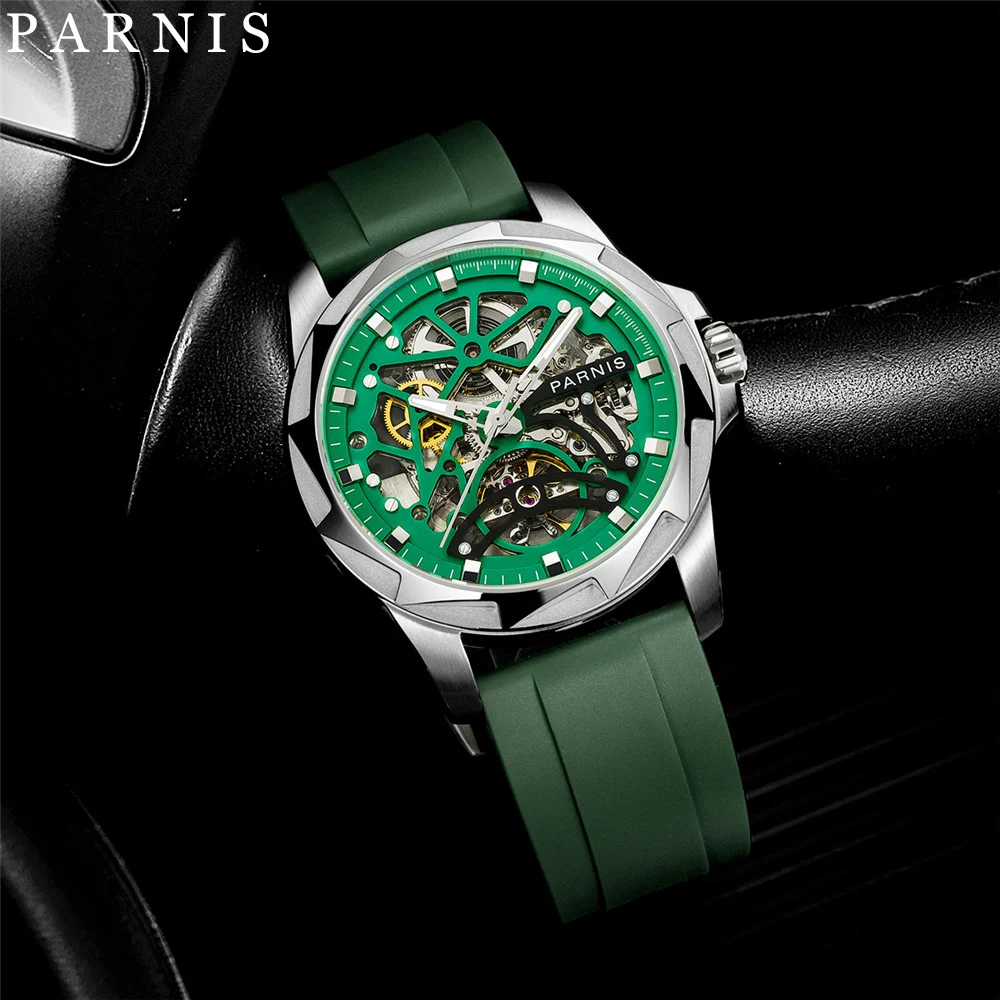 Parnis 43mm Green Dial New Hollow Out Dial Automatic Mechanical Wristwatch