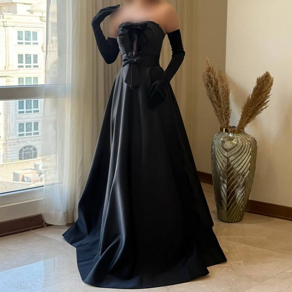 

Customized Black A-line Evening Dresses Floor-length Strapless Full Sleeve Prom Gown Fashion Bow Simple Draped Casual Party Gown