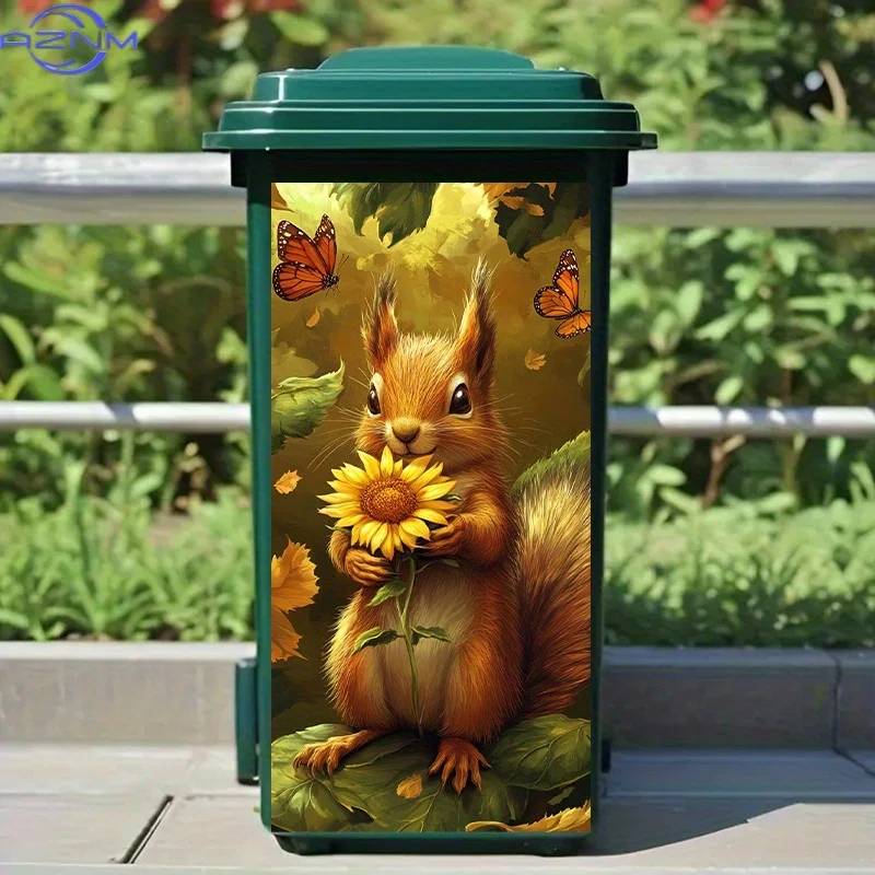 1pc of a 2D Flat Sticker Featuring a Squirrel Embracing a Sunflower, Designed for Trash Cans. This Autumn-Themed Sticker Is a