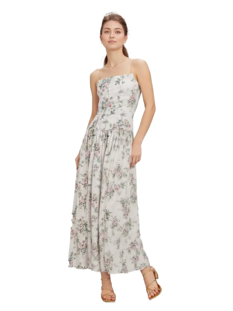 

French Print Flowers Spaghetti Straps Sleeveless Holiday Long Dress