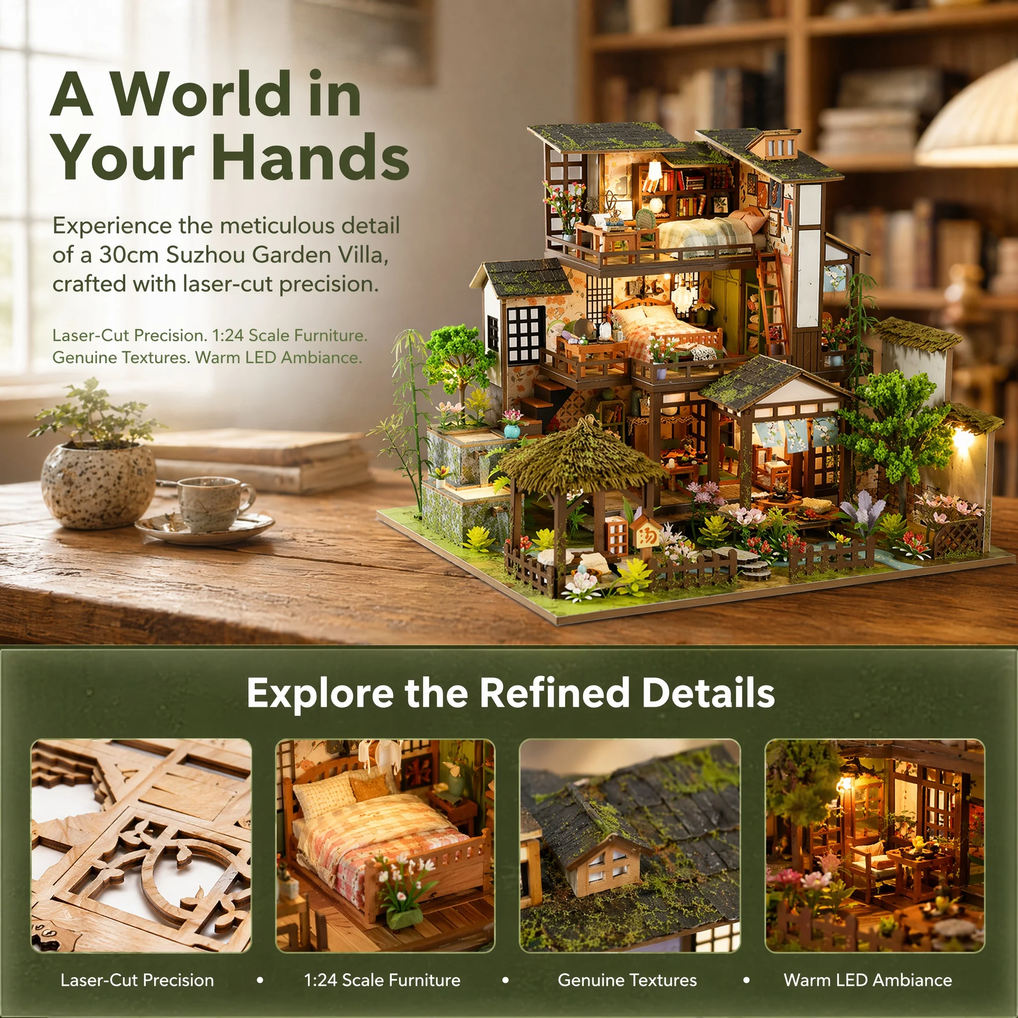 DIY Holz-Bambus Frühlingshof Miniatur-Bausätze Buchstütze Zusammengebaute Puppenhäuser Bücherregal Wohndekor Geschenke für Freunde