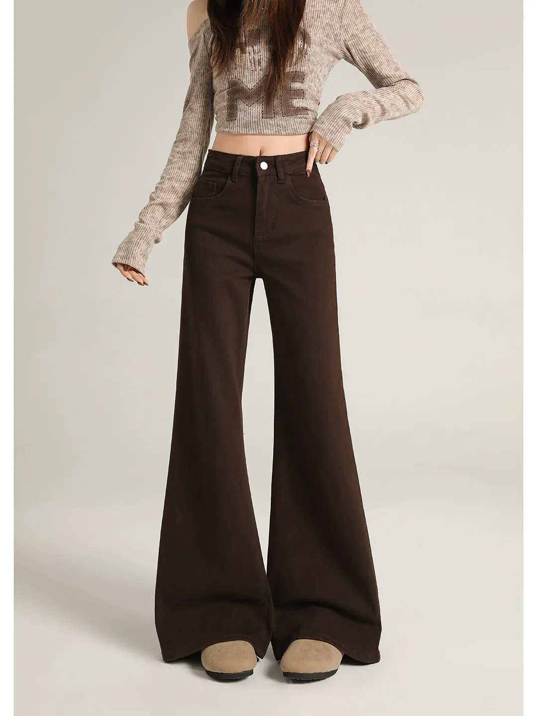 Cafe Brown Non-Fitting Micro Flared Jeans Women's New Large Size plus Size Loose Slimming Versatile High Waist Elastic Flared...