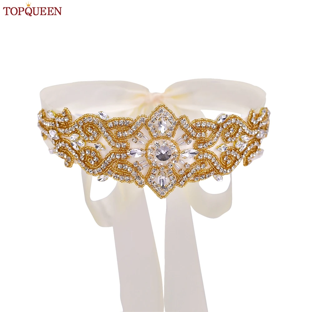 

TOPQUEEN Wedding Belt Sash Bridal Gold Belt Dinner Dress Waistband Gold Stone Applique Maternity Wide Belt Tie Bow S26-G