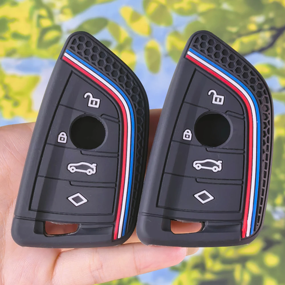 Silicone Honeycomb Racing Stripe Key Fob Shell for BMW X1 X3 X4 X5 X6 F15 F16 F48 G30 G11 7 Series, long wrist strap included