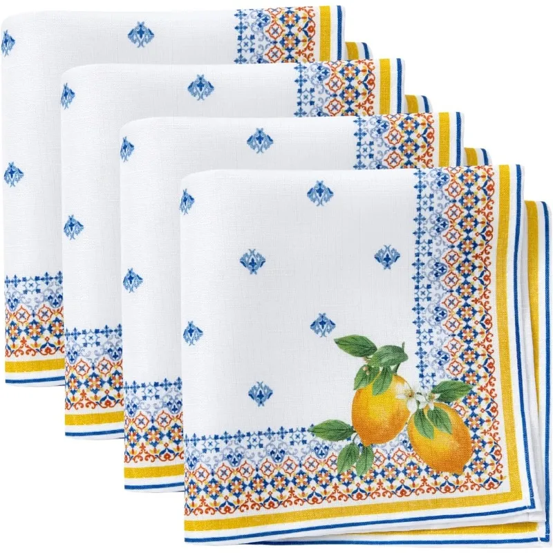 Home Fashions Capri Lemon Double-Bordered Mediterranean Spring/Summer Cloth Napkins, 17 Inches by 17 Inches, Set of 4