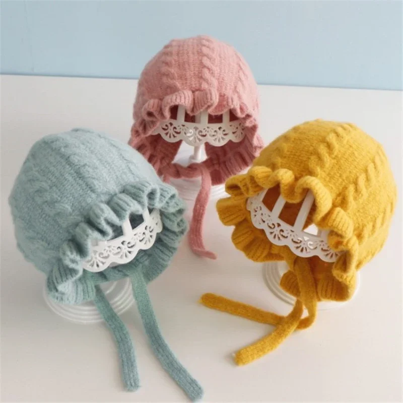 Infant Hat Winter Girl Baby Hooded Hats Autumn and Winter Ear Protection Warm Woolen Cap Lace Girls Knitted Caps for Childrens