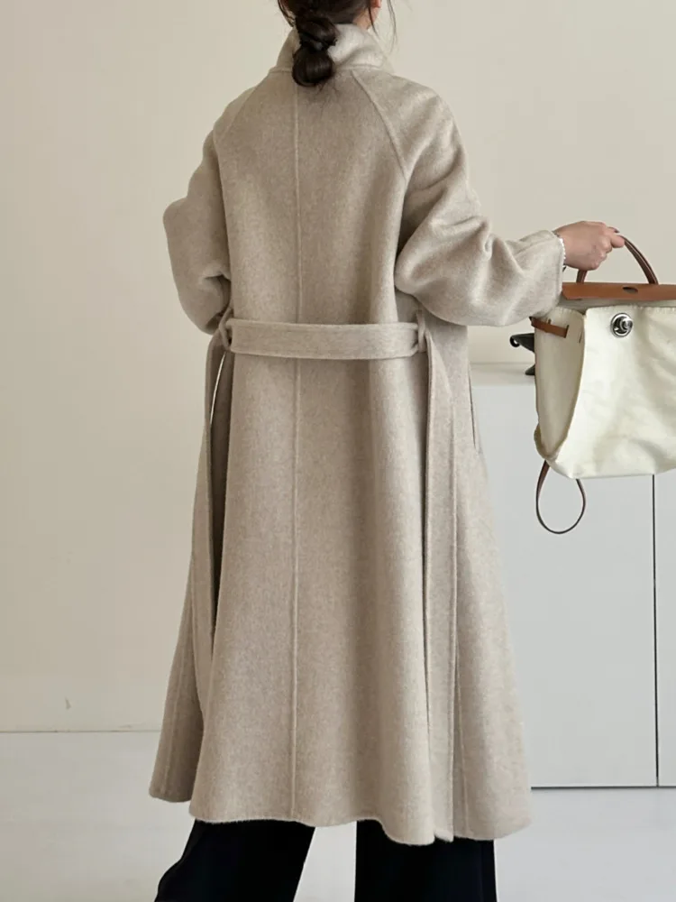 ZMEENNA femmes col montant laine mélange Maxi manteau simple boutonnage à manches longues chaud vêtements de sortie d'hiver coupe ample élégant ZM3355