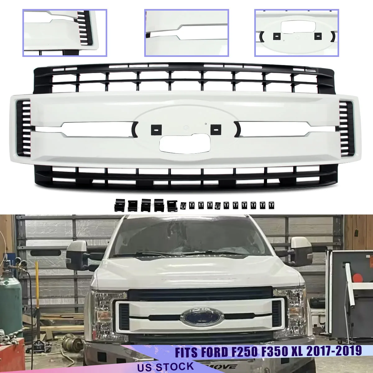 Grill for Ford F-250 F-350 Super Duty 2017-2019 Oxford White Front Upper Bumper Grille