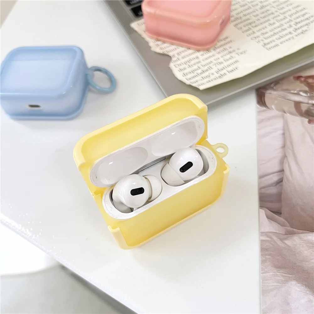Simple Candy Square PC+TPU Case for Apple AirPods 1 2 Pro 3rd Solid Color Case for AirPods 3 Air Pods Pro Case with Keyring
