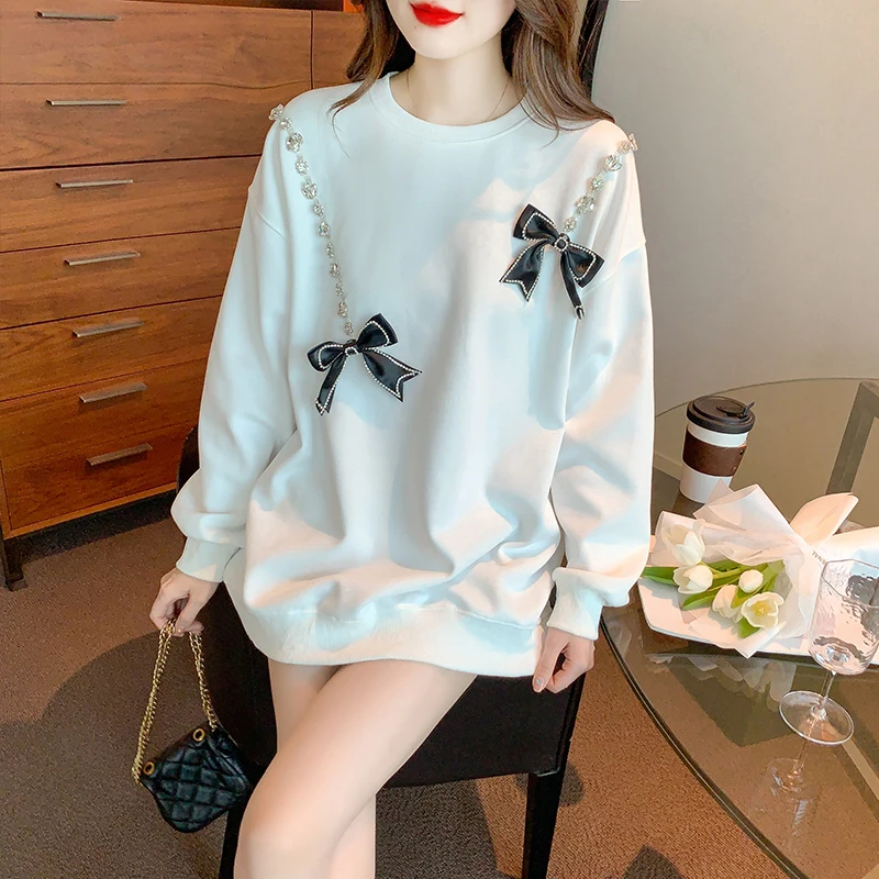 

Woman Sweatshirts 2022 Sweet Korean O-neck Bow embroidery Pullovers Autumn Winter black Loose Hoodies Solid Womens big Clothing